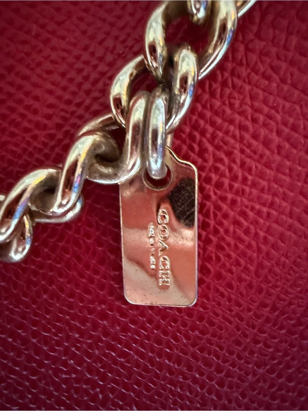 Coach Cherry Red Leather Tote with Gold Chain Detail